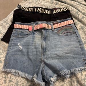 No Boundaries Blue and Black Jean Shorts with Patterned Belts